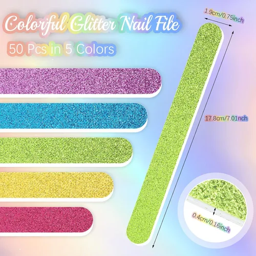 Vista 2 de Mixweer 50 limas de uñas con purpurina, tiras coloridas a granel, 7.01 x 0.75 pulgadas, para manicura y pedicura, limador de doble cara para mujeres