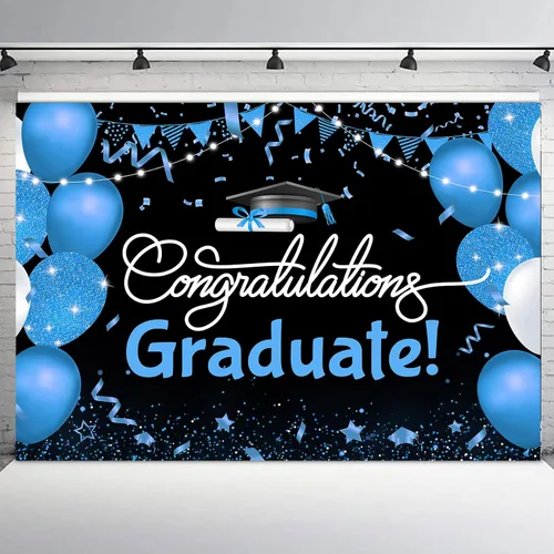 Vista 7 de Telón de fondo de graduación de 5 x 3 pies para sesión de fotos, globos negros y dorados, felicitaciones, graduados, clase de 2025, felicitaciones