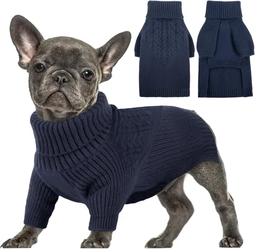 Vista 16 de Queenmore Suéter de invierno para cachorros – Suéter cálido de invierno para perros medianos y medianos, manga larga, cuello alto, azul, XS