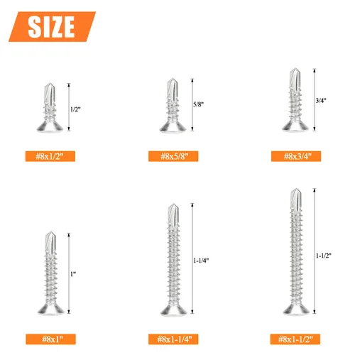 Vista 3 de HELIFOUNER Juego de 240 tornillos autoperforantes de cabeza avellanada #8 x1/2", 5/8", 3/4", 1", 1-1/4", 1-1/2" de cabeza avellanada, tornillos