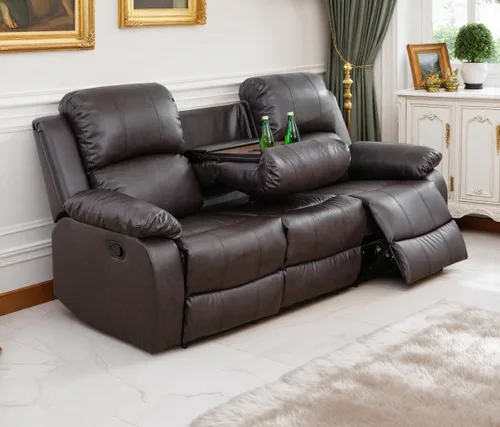 Vista 33 de Sofá reclinable manual moderno, sofá reclinable de cuero de 3 plazas, sofá reclinable de sala de estar, sofá con portavasos y mesa abatible
