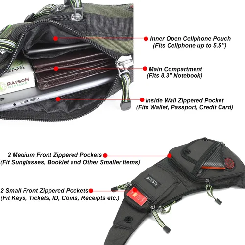 Vista 4 de NICGID Bolso bandolera en el pecho, mochila de hombro, bolsa cruzada, mochila casual para hombres y mujeres, Verde oscuro, Pequeño, Viajes