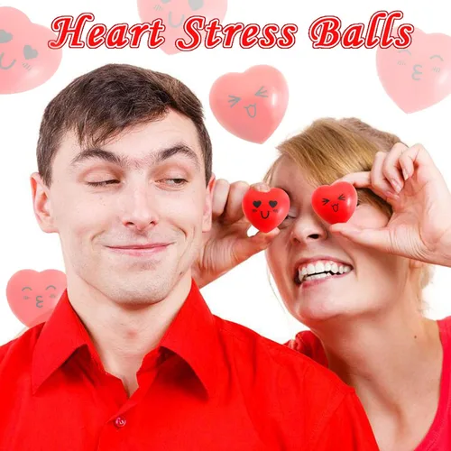 Vista 3 de 30 bolas antiestrés de corazón, mini bolas de cara sonriente de 1.5 pulgadas, juguetes de alivio del estrés en forma de corazón para niños