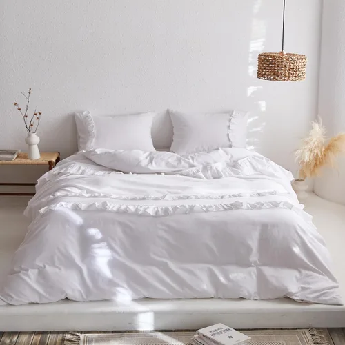 Vista 17 de Simple&Opulence Juego de funda de edredón de algodón de lino con volantes, 3 piezas, ropa de cama con textura suave con bordes decorativos