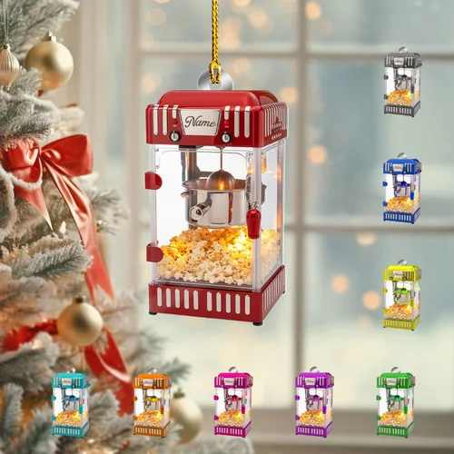 Vista 15 de Adorno de Navidad personalizado de máquina de palomitas de maíz 2025, caja de palomitas de maíz plana 2D, decoración de árbol, regalo único