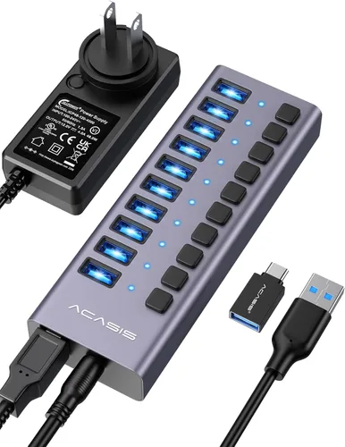 Vista 10 de ACASIS Hub USB 3.2 de 7 puertos con alimentación, transferencia de datos