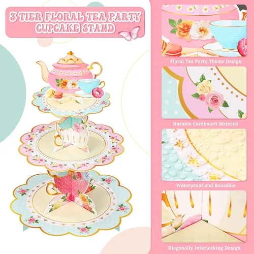 Vista 4 de Zopeal 2 piezas de decoración floral para cupcakes de fiesta de té de 3 niveles, soporte floral para cupcakes, torre de postre de cumpleaños floral