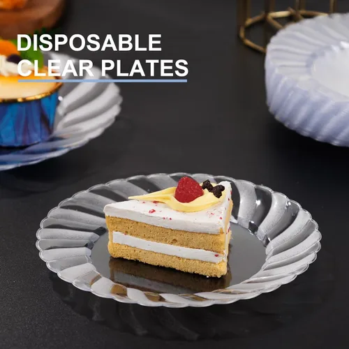 Vista 4 de U-QE 100 platos de plástico transparente, platos de postre de plástico de 6 pulgadas, desechables, lavables y reutilizables, platos transparentes