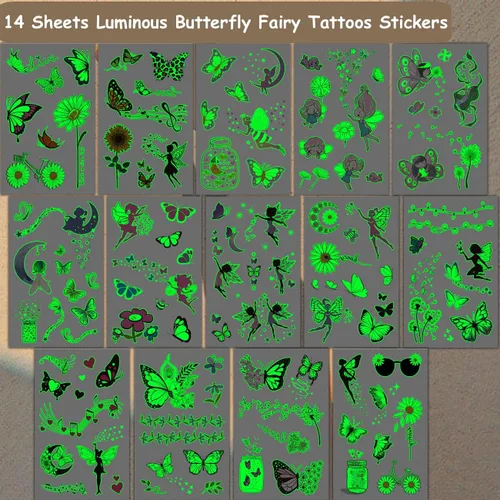 Vista 3 de CHARLENT Tatuajes de mariposa luminosos para niños, 14 hojas que brillan en la oscuridad, tatuajes temporales de hadas de mariposa para niñas