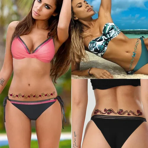 Vista 5 de 12 hojas de calcomanías de tatuajes temporales para ombligo de flores, estilos de mariposa sexy, vientre, abdomen, cintura, espalda, impermeables