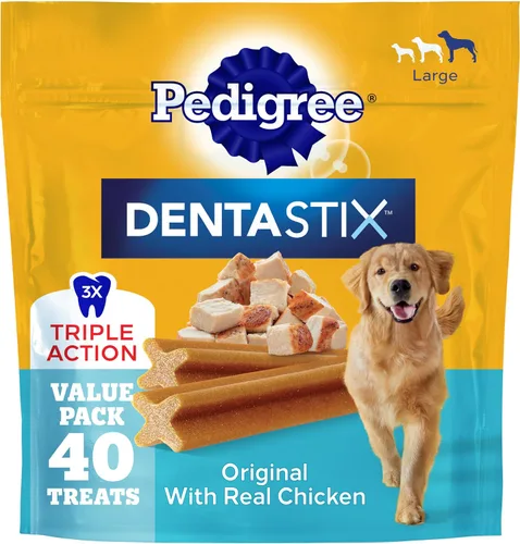 Vista 17 de Pedigree Dentastix - Golosinas para perros de raza grande, sabor a tocino, bolsa de 1.67 libras (32 golosinas) Triple action dental care, reduces
