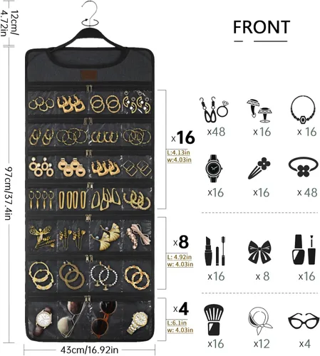 Vista 7 de SMRITI Organizador de joyas colgante con bolsillos dobles con cremallera, lona de doble cara giratoria para colgar collares, organizador de pared