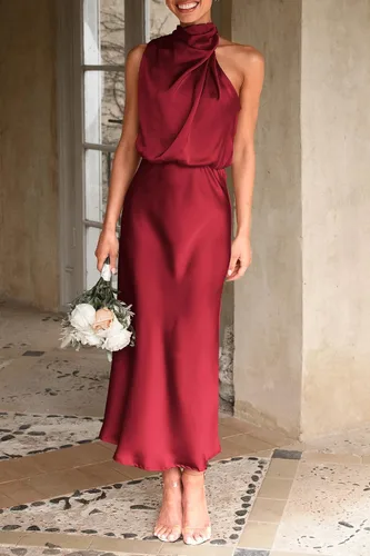 Vista 5 de PRETTYGARDEN Vestido de satén de verano 2024 para mujer, elegante, sin mangas, con cuello alto falso, para cóctel, fiesta, maxi vestidos