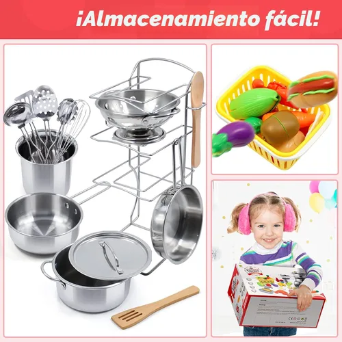 Vista 8 de Juego de accesorios de cocina para niños, juego de 32 artículos de ollas y sartenes de acero inoxidable con organizador de estante, utensilios