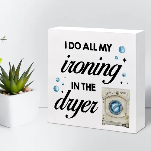 Vista 5 de Letrero de madera con texto en inglés "I Do All My Ironing in the Dry", decoración rústica de madera para lavandería, caja de madera, placa