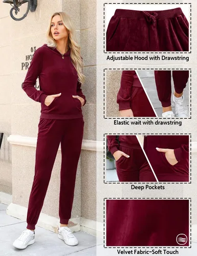 Vista 2 de Aiboria Conjunto deportivo de terciopelo sólido con capucha y pantalones para mujer