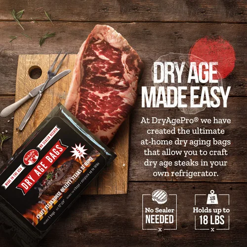Vista 2 de DryAgePro® Bolsas para carne Dry Age para carne, bolsas de 12 x 24 pulgadas para chuletón y Striploin de hasta 18 libras, paquete de 10, no necesita
