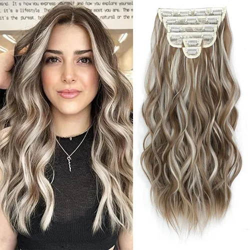 Vista 10 de Fliace Extensiones de cabello con clip para mujer, extensiones de cabello ondulado largo de color marrón medio, extensiones de cabello sintético