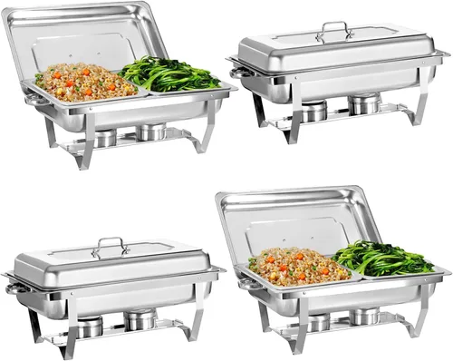 Vista 10 de Juego de 2 Platos de Roce de 8 Qt para Buffet, Juego de Chafer para Catering de Acero Inoxidable de Tamaño Completo Dorado, Rectangular