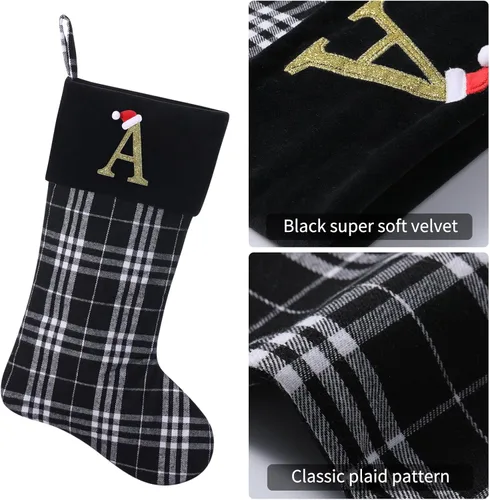 Vista 3 de Calcetines de Navidad personalizados con monograma inicial, adornos colgantes, medias clásicas de cuadros negros de 19 pulgadas, decoraciones