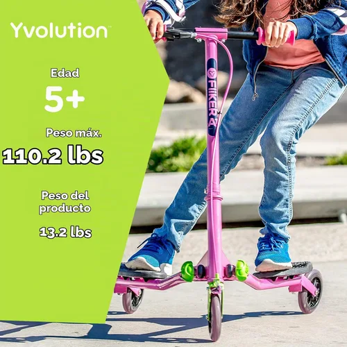 Vista 4 de Yvolution Y Fliker - Patinete de deriva A1 de 3 ruedas para niños de 5 a 8 años, autopropulsado, diseño plegable con freno de mano, peso máximo 110