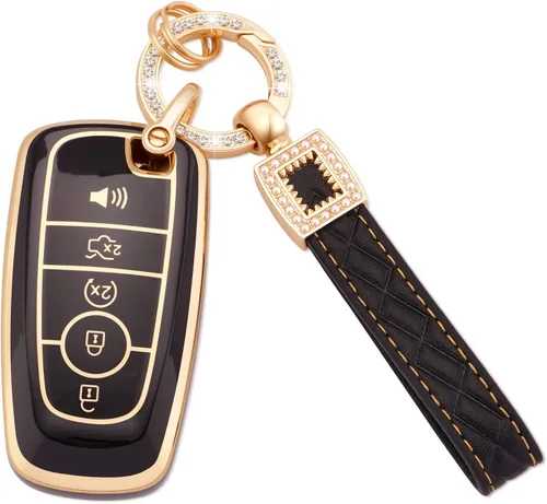 Vista 10 de EKALA Funda para llave Ford con cordón de cuero, funda de llavero de TPU suave para Ford F150 F250 F350 Escape Explorer Expedition Ranger, Lincoln
