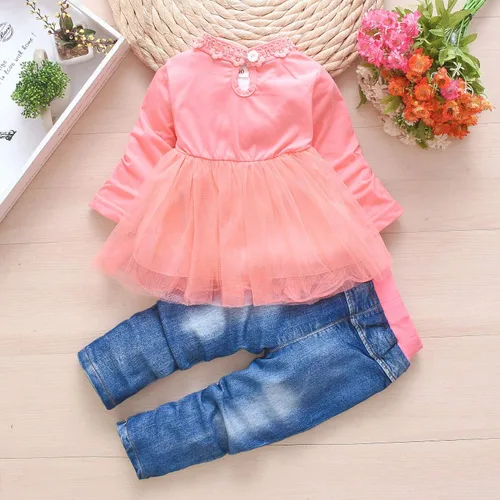 Vista 3 de Peacolate Conjunto de ropa de primavera y otoño para bebé, 3 piezas, camiseta de manga larga, chaqueta de mezclilla y jeans