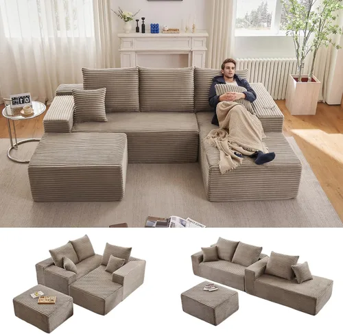 Vista 18 de Sofá modular Cloud de 95 pulgadas con otomana, moderno sofá nube en forma de U con asiento profundo, cómodo sofá de pana de 3 plazas, sofá de espuma
