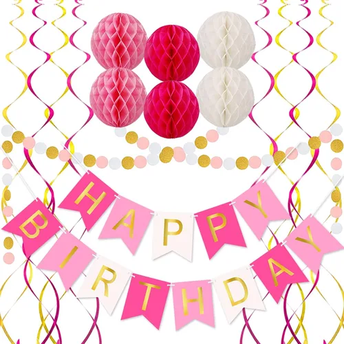 Vista 9 de Decoraciones de cumpleaños negras con pancarta de feliz cumpleaños, bolas de papel en forma de panal de abeja, guirnalda circular y decoraciones