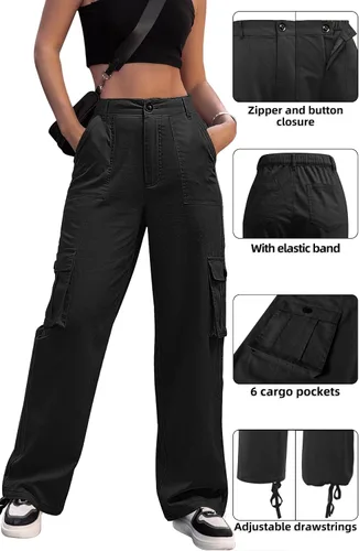 Vista 5 de ZMPSIISA Pantalones cargo de cintura alta para mujer, pantalones casuales de pierna ancha, 6 bolsillos, pantalones militares de combate
