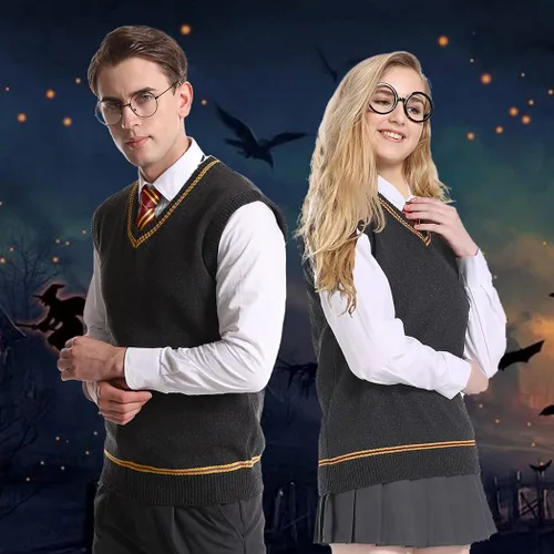 Vista 2 de Laahoem Chaleco unisex para disfraz de cosplay para hombre y mujer, chaleco de otoño e invierno, uniforme escolar, sin mangas, suéter de punto