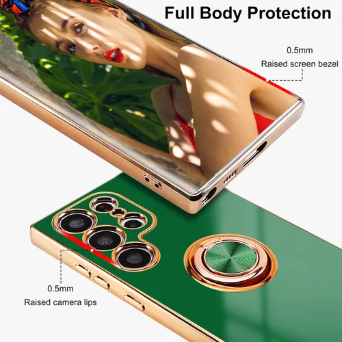 Vista 5 de Funda para Samsung Galaxy S23 Ultra 5G, soporte de anillo de rotación de 360° incorporado, soporte magnético, borde chapado brillante de lujo, Verde