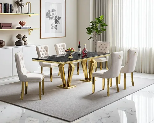 Vista 77 de Juego de mesa de comedor de mármol sintético, 7 piezas, juego de mesa de cocina y comedor para 6, mesa de comedor rectangular blanca de 70 pulgadas