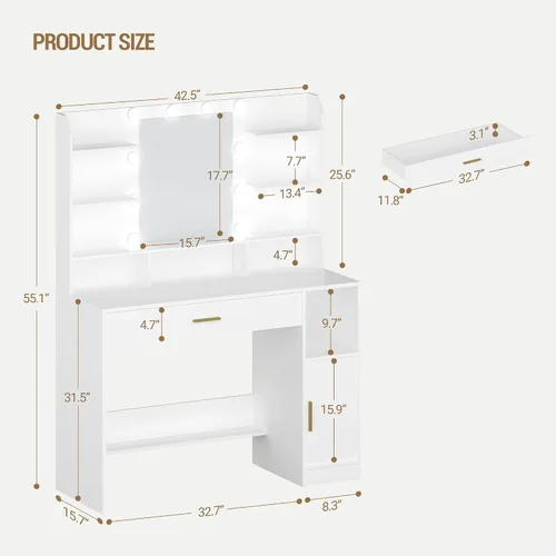 Vista 7 de Escritorio de tocador con espejo HD, tocador de maquillaje con luces LED, 3 niveles de brillo ajustable, mesa de vestir con estanterías ocultas