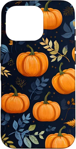 Vista 20 de iPhone 16 Calabazas y Hojas de Otoño Patrón Fondo Oscuro Caso