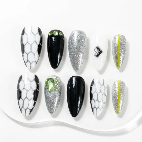 Vista 33 de Sun&Beam Nails Dije hecho a mano de almendra media larga con diseño de diamante de color nude, lindas puntas de uñas postizas, 10 unidades (#99 S)