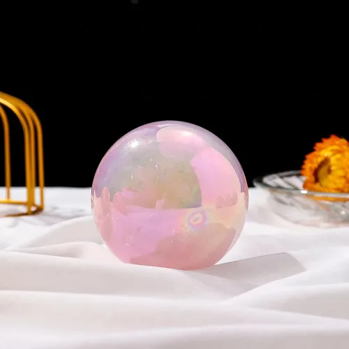 Vista 5 de Angel Aura - Bola de cristal de cuarzo rosa con soporte, escultura de esfera de piedra preciosa pulida de cuarzo rosa rosa natural para exhibición