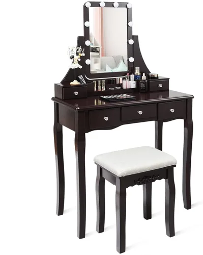 Vista 11 de LDAILY Juego de mesa de tocador con 10 luces LED, tocador de maquillaje con espejo cuadrado iluminado giratorio de 360°, taburete acolchado y 5