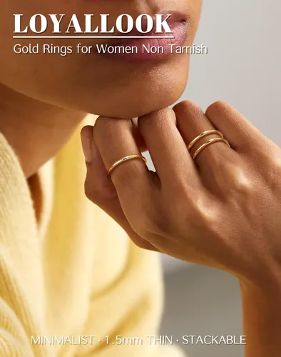 Vista 2 de LOYALLOOK Anillos apilables rellenos de oro de 14 quilates de 0.059 pulgadas para mujer, anillos de acero inoxidable lisos y delgados para nudillos