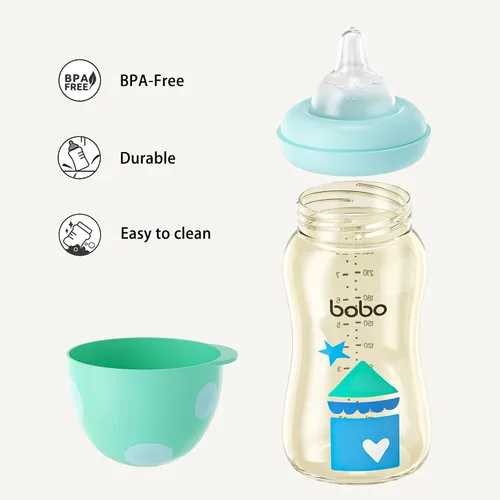 Vista 6 de YOHKOH Biberón de PPSU para bebé de cuello ancho, biberón anti-cólico para recién nacidos con tetina de respuesta natural, cuerpo aerodinámico, Azul