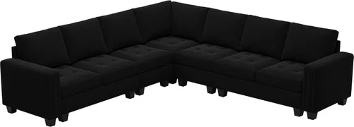 Vista 7 de Belffin Sofá modular de terciopelo en forma de L, sofá seccional convertible de gran tamaño con diván reversible para sala de estar, color negro