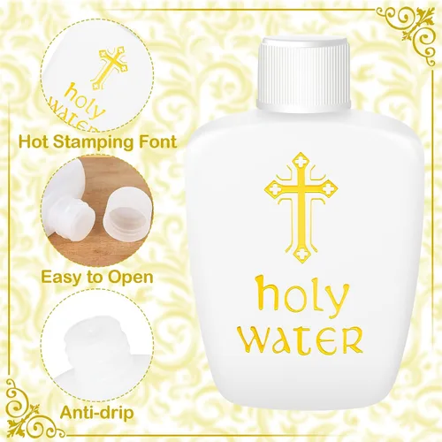 Vista 3 de 100 botellas de agua bendita de plástico de 2 onzas, recipientes vacíos con cruz dorada para católicos, cristianos, Halloween, primera comunión