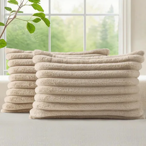 Vista 76 de decorUhome Fundas de almohada de piel sintética, juego de 2, decorativas, afelpadas, suaves, afelpadas, a rayas, parte posterior de terciopelo