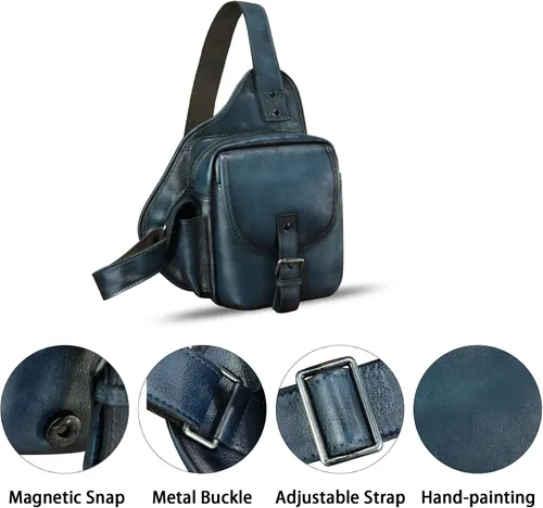 Vista 3 de Bolso bandolera de cuero genuino para hombres y mujeres, bolso cruzado, mochila vintage para senderismo, deportes, viajes, Azul, Mochilas Sling