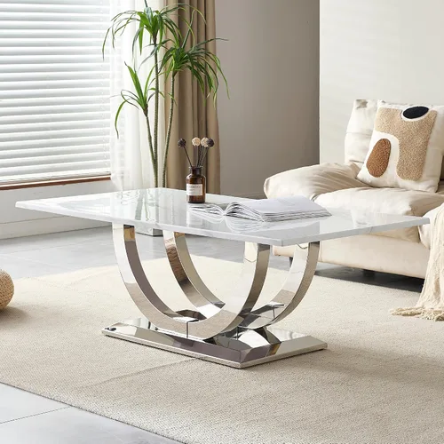 Vista 9 de Mesa auxiliar moderna de 50.4 pulgadas, mesa central de mármol sintético blanco con base de acero inoxidable en forma de U plateada, mesa de cóctel