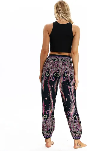 Vista 5 de Plustrong Pantalones tipo harén de cintura fruncida para mujer, estilo hippie, bohemio, para yoga, palazzo, pantalones casuales con bolsillos