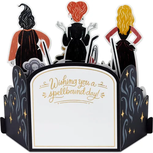 Vista 3 de Hallmark Disney Hocus Pocus - Tarjeta de cumpleaños de Halloween (Sanderson Sisters) Paper Wonder, emergente cortado con láser 3D, sobre a juego
