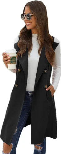 Vista 5 de GORGLITTER Chaleco largo sin mangas con cuello abierto para mujer, chaqueta larga con bolsillo