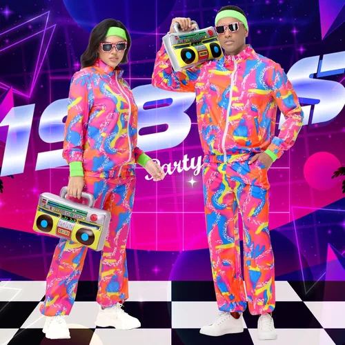 Vista 2 de Traje de los años 80 para hombres y mujeres, traje retro neón de los años 90, traje de entrenamiento para fiestas de hip hop, ropa deportiva
