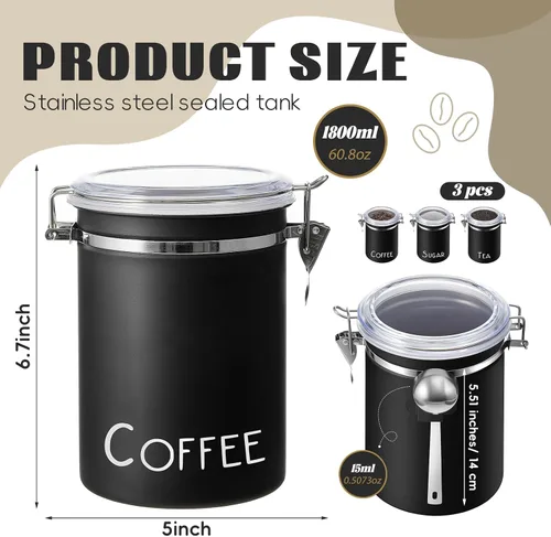 Vista 2 de FillTouch 3 recipientes de café herméticos extra grandes de 60.8 onzas con 3 cucharas, recipientes de acero inoxidable para almacenamiento